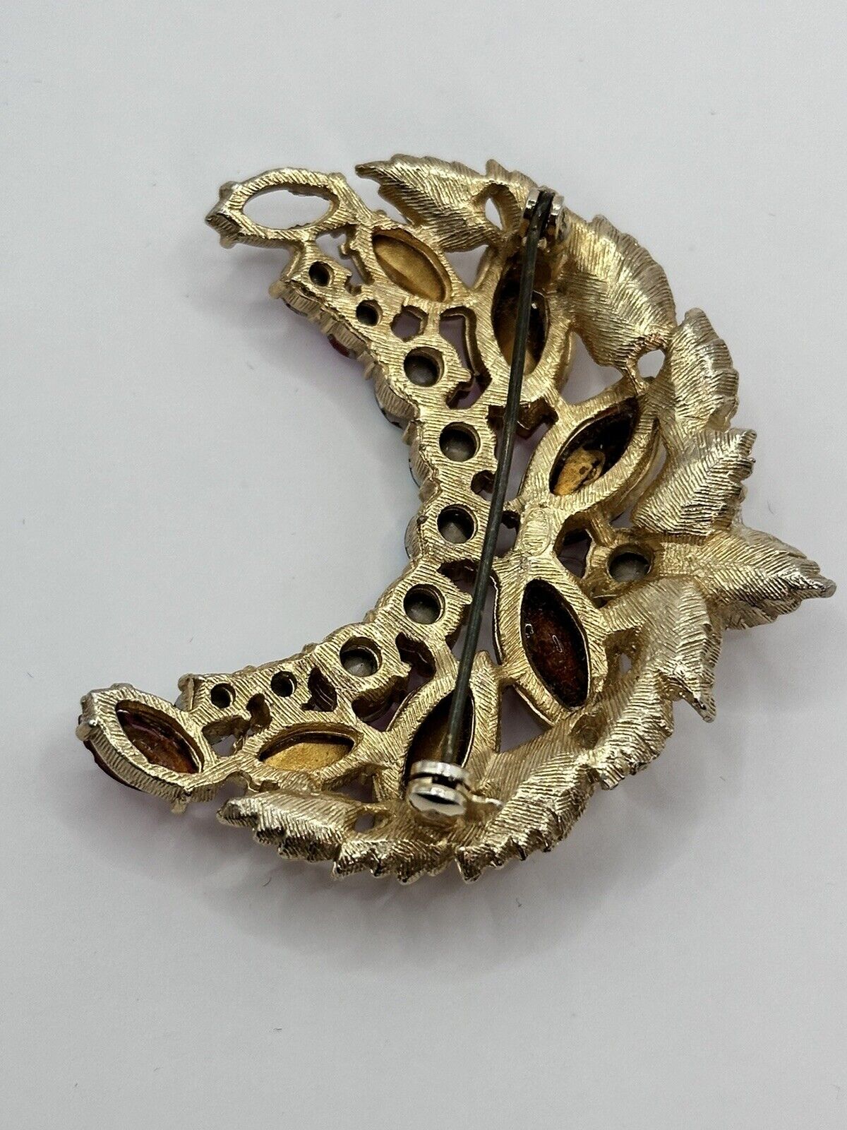 Vintage Sphinx Signed Gold Tone Pink Red Crescent  Statement  Brooch