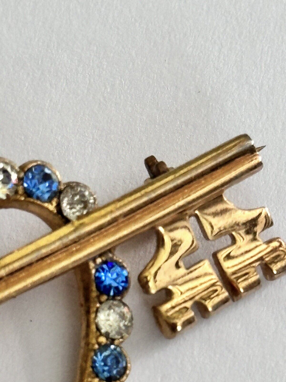 Vintage Gold Tone Blue Clear Diamanté Key Heart  Brooch