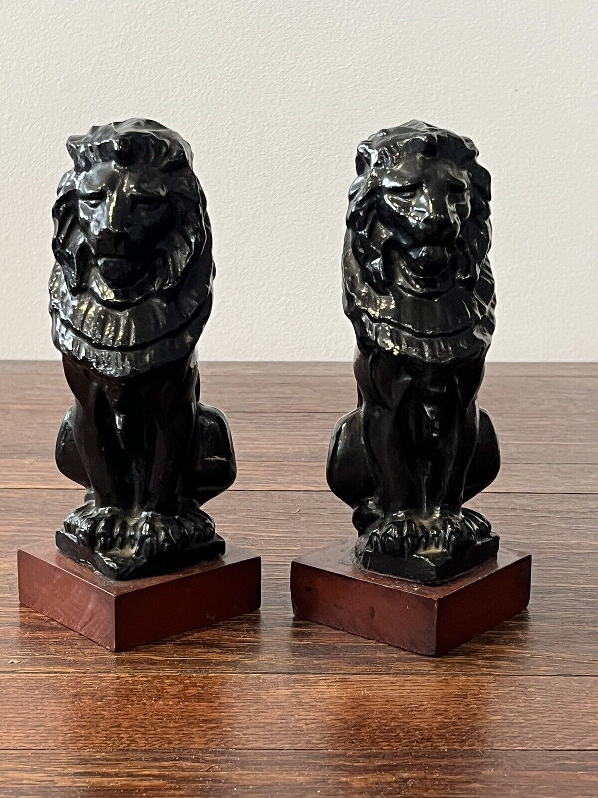 Edwardian Lion Figures On Wooden Bases