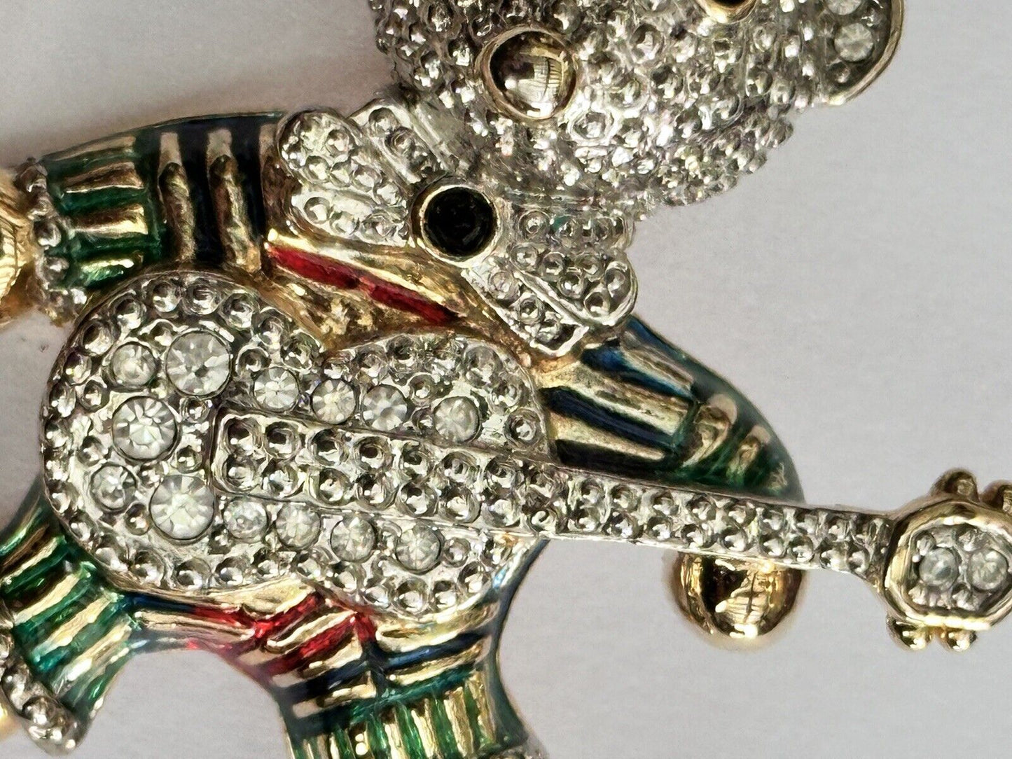 Vintage Gold Tone Diamanté Teddy Bear With Guitar  Brooch