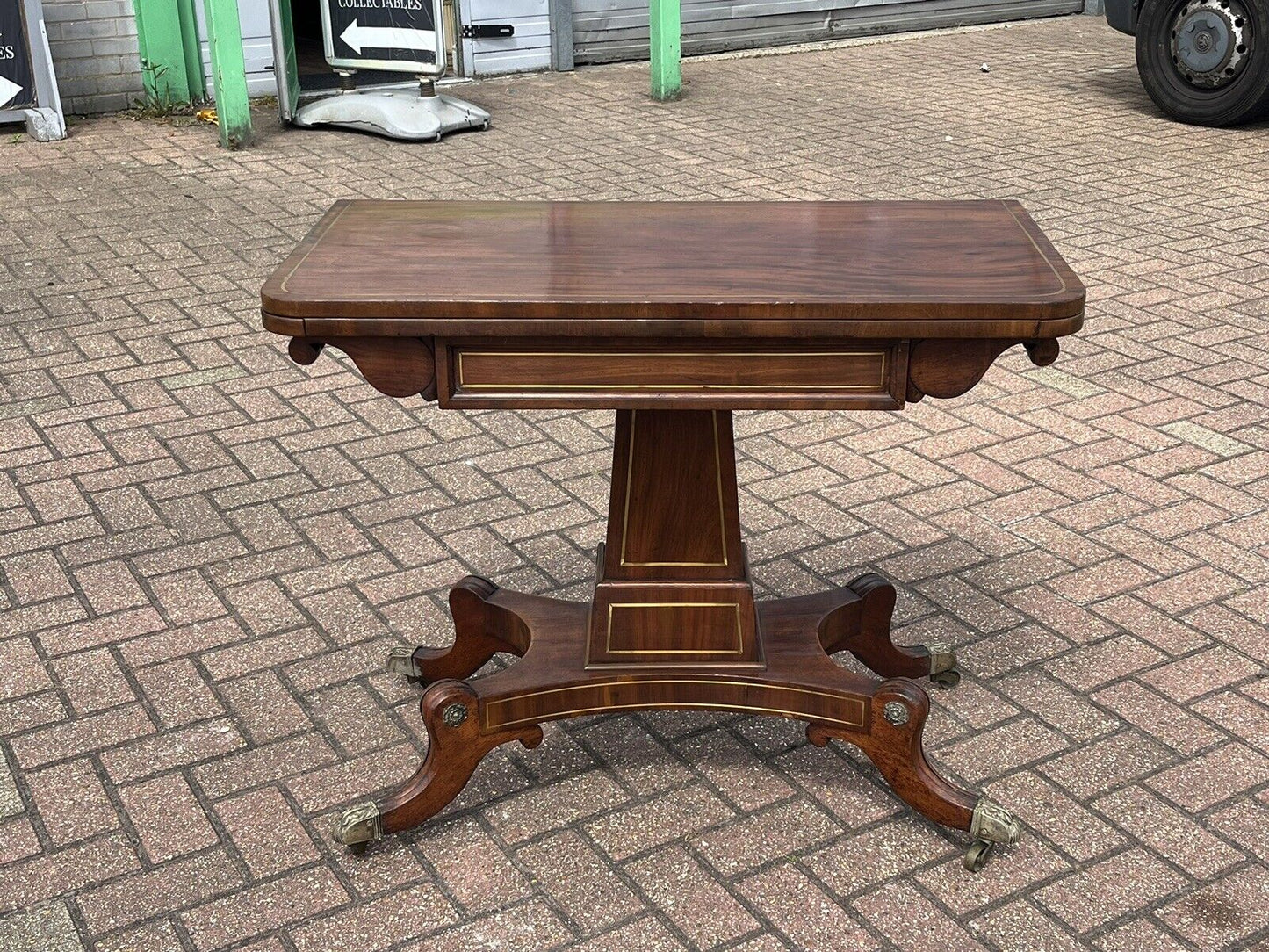 Antique Regency Mahogany & Brass Inlaid Games Table With Fold Over Lid