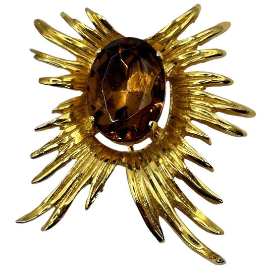 Vintage Gold Tone 1960s/70s Cognac Stone Brooch