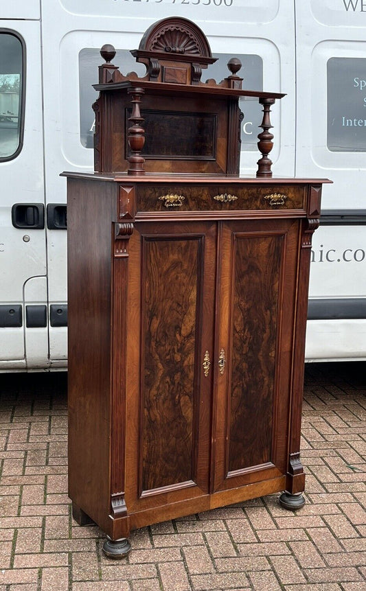 Antique Walnut Bookcase / Cupboard With Fitted Shelves & Drawer