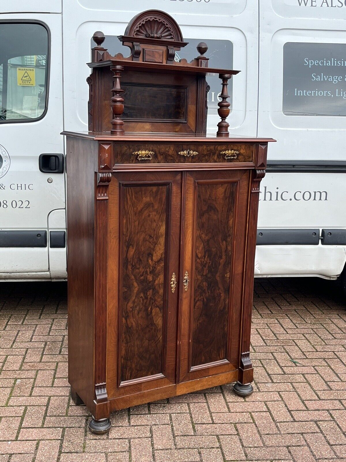 Antique Walnut Bookcase / Cupboard With Fitted Shelves & Drawer
