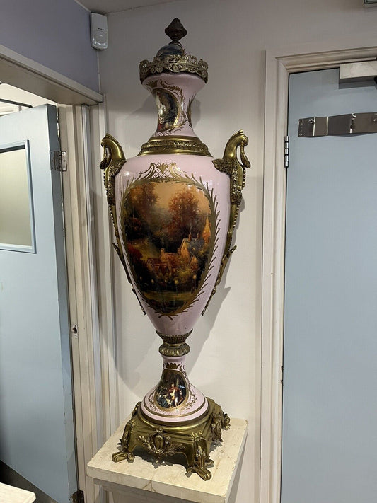 HUGE Freestanding Ormolu Mounted & Porcelain Lidded Urn. 134 Cms Tall.