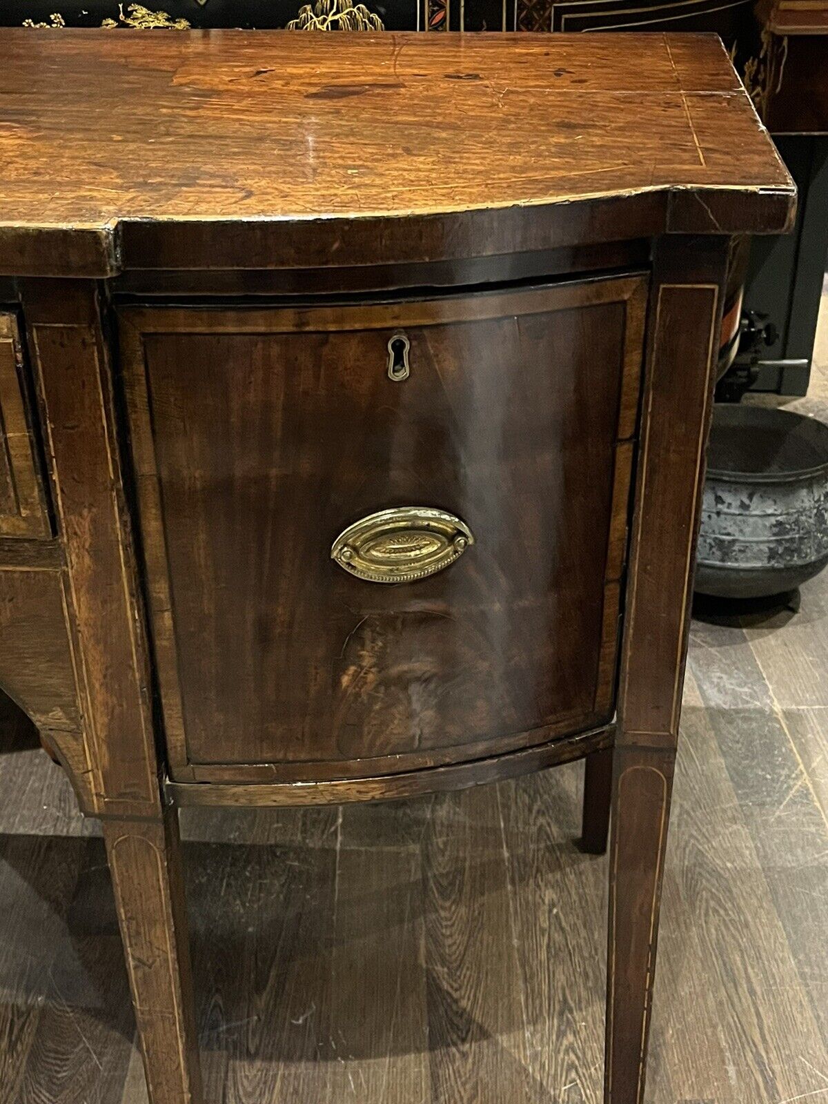 Georgian Inlaid Mahogany Sideboard. Small Proportions. Brass Handles.