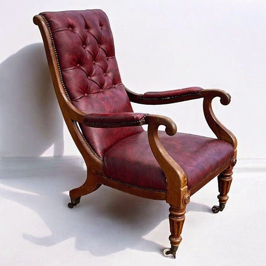 Antique Victorian Library Armchair With Mahogany Frame, on Brass Castors.