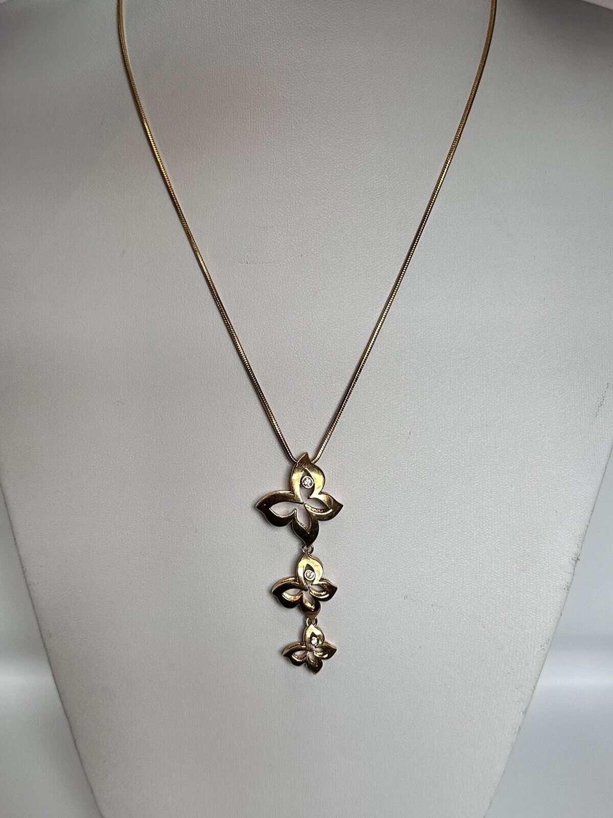 Vintage 1980s Gold Plated Butterflies Diamanté Drop Necklace