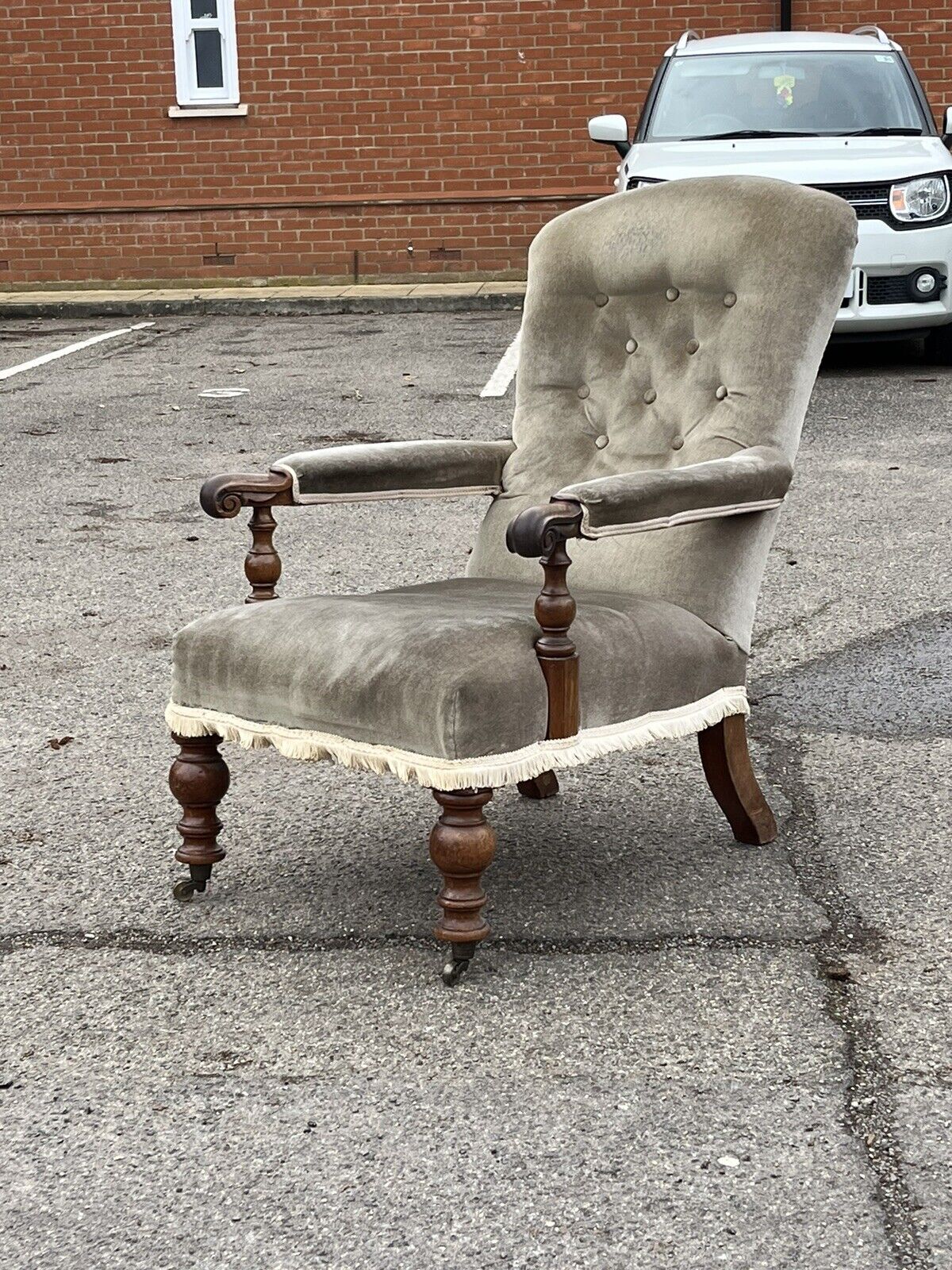 Victorian Library Armchair With Mahogany Frame, on Brass Castors.