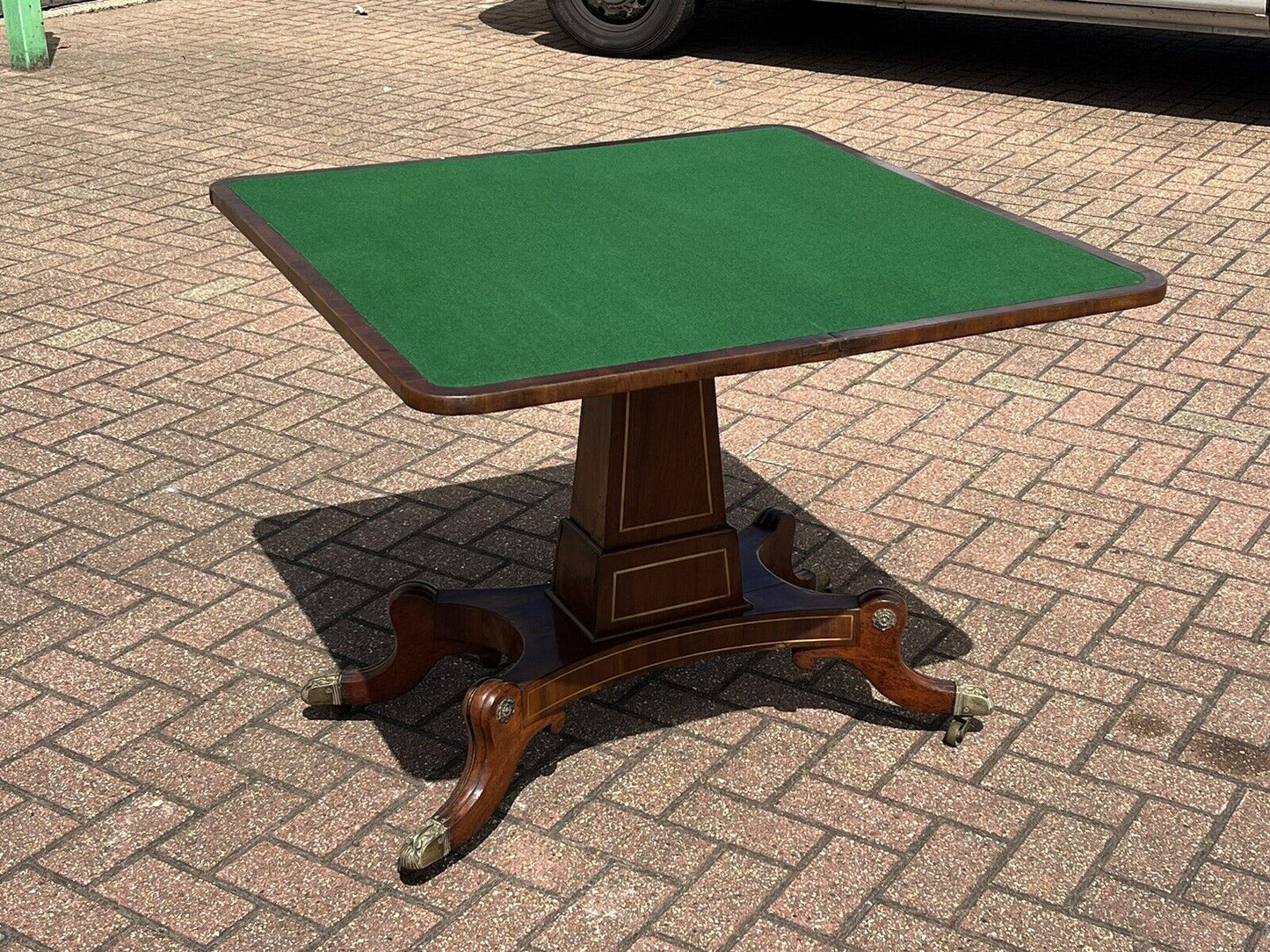 Antique Regency Mahogany & Brass Inlaid Games Table With Fold Over Lid