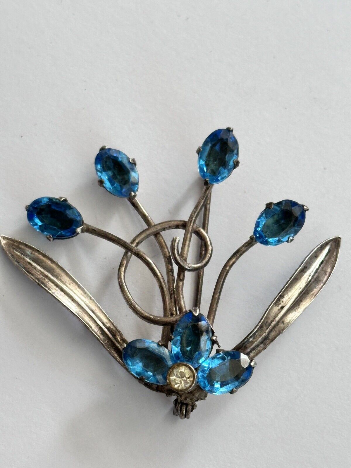 Vintage Silver Tone Blue Stone Flower Spray Brooch