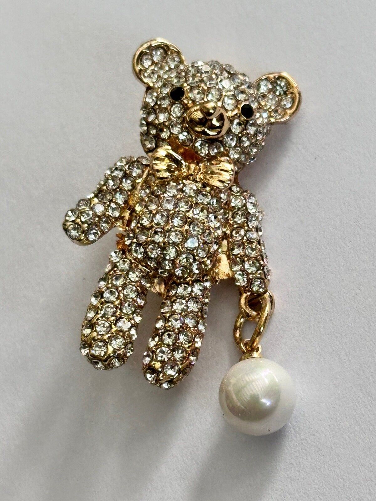 Vintage Gold Tone Diamanté Faux Pearl Teddy Bear  Brooch