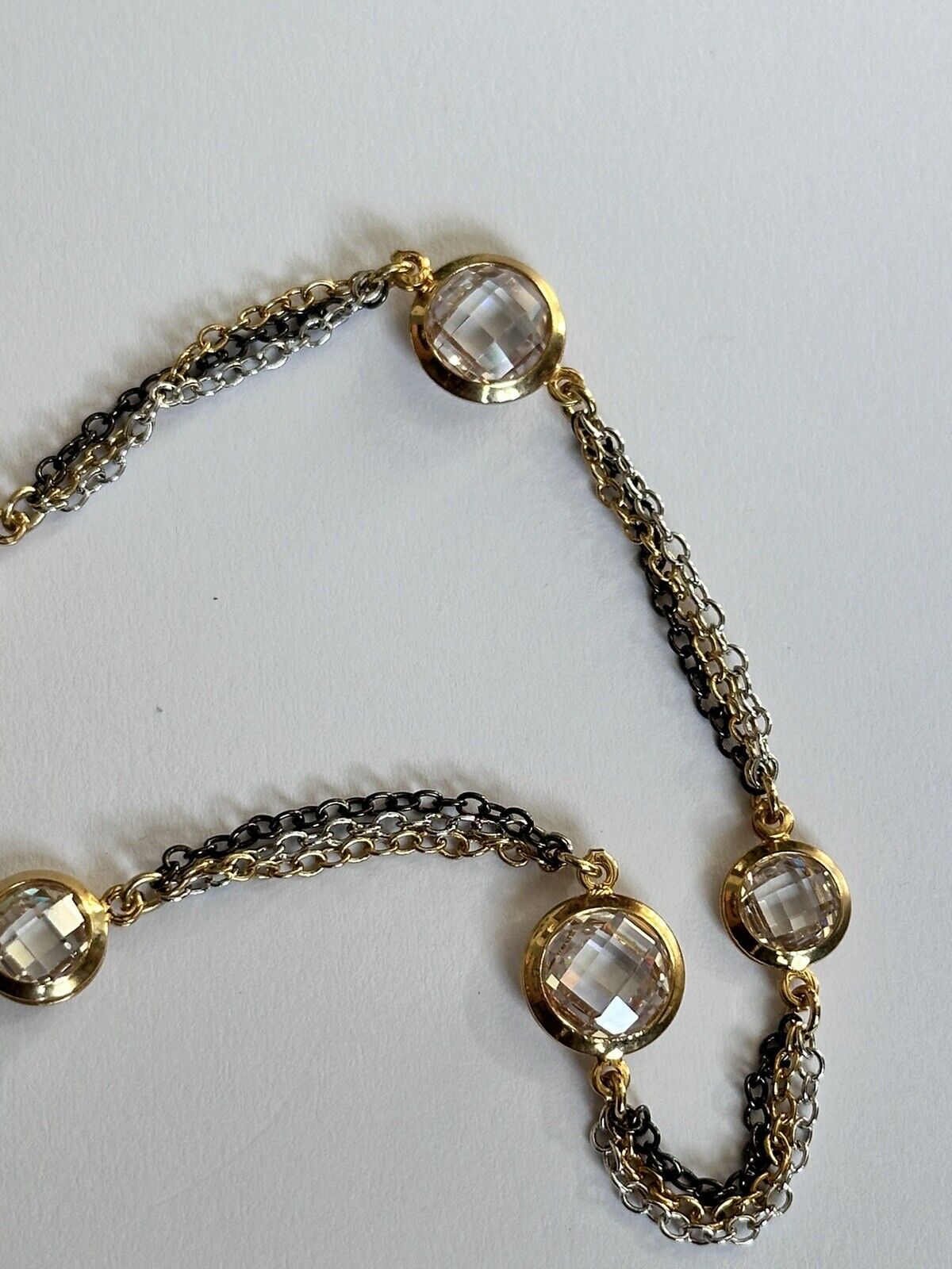 Vintage 3 Tone Metal Chain Crystal Necklace Long Length