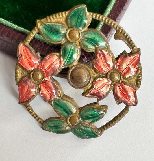 Vintage Early Pink Green Enamel Flowers Brooch