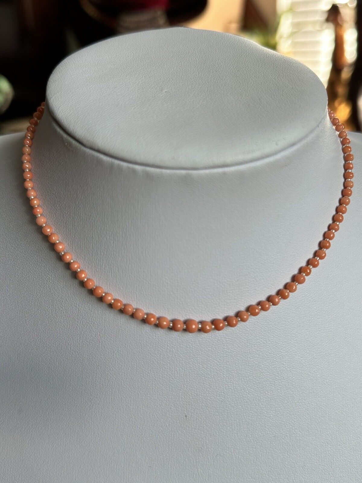 Antique Victorian Pink Salmon Coral And Pearl Beaded Necklace 9ct Gold Clasp