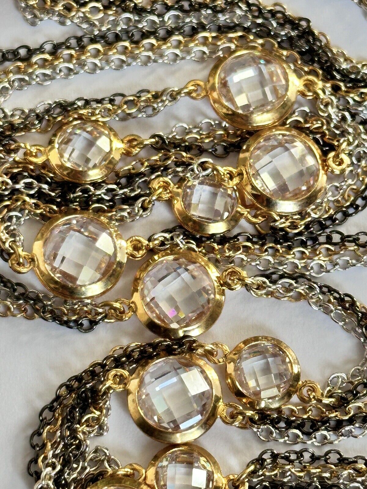 Vintage 3 Tone Metal Chain Crystal Necklace Long Length