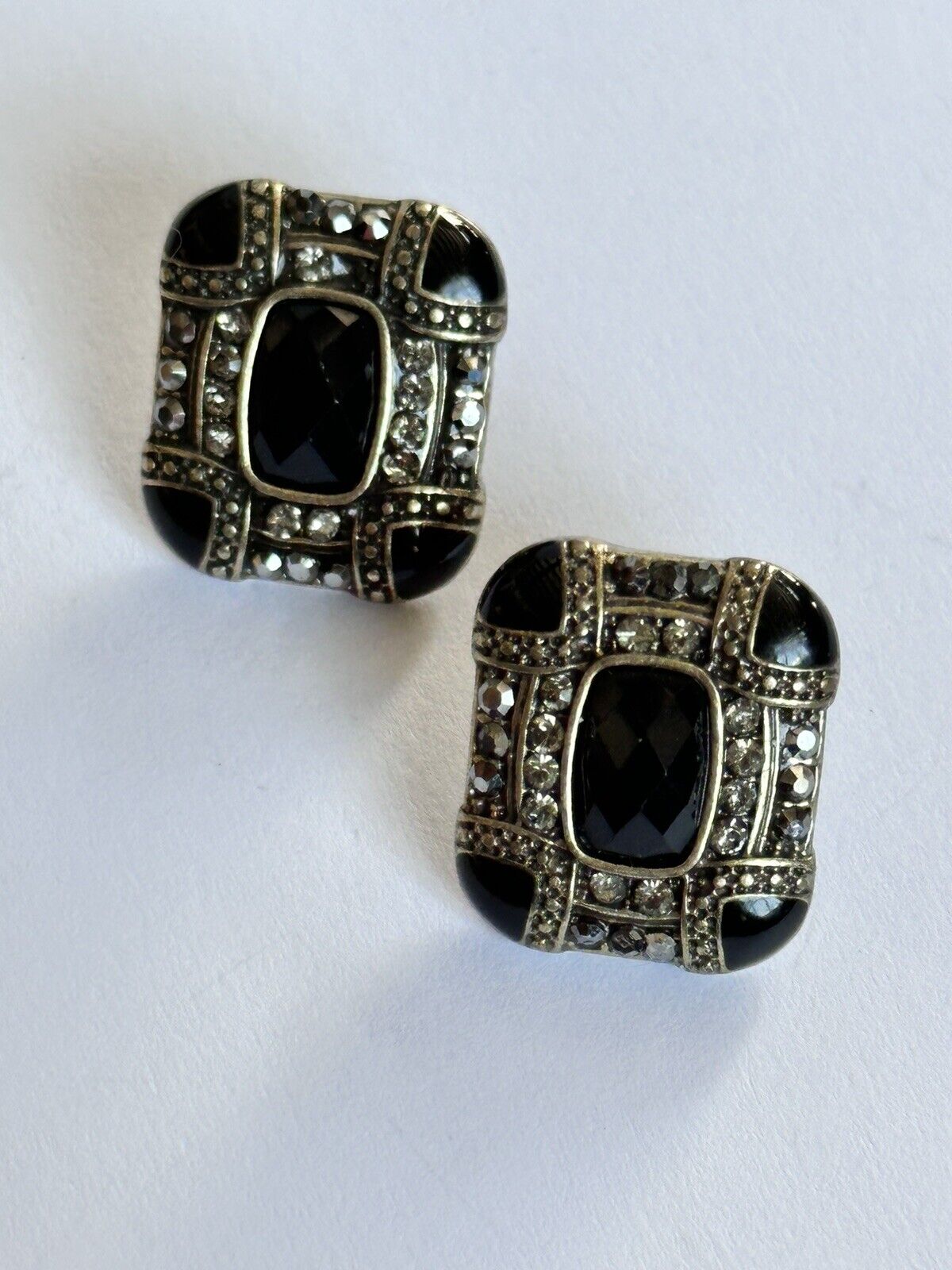 Vintage Silver Tone Black Enamel Diamanté Deco Style Earrings
