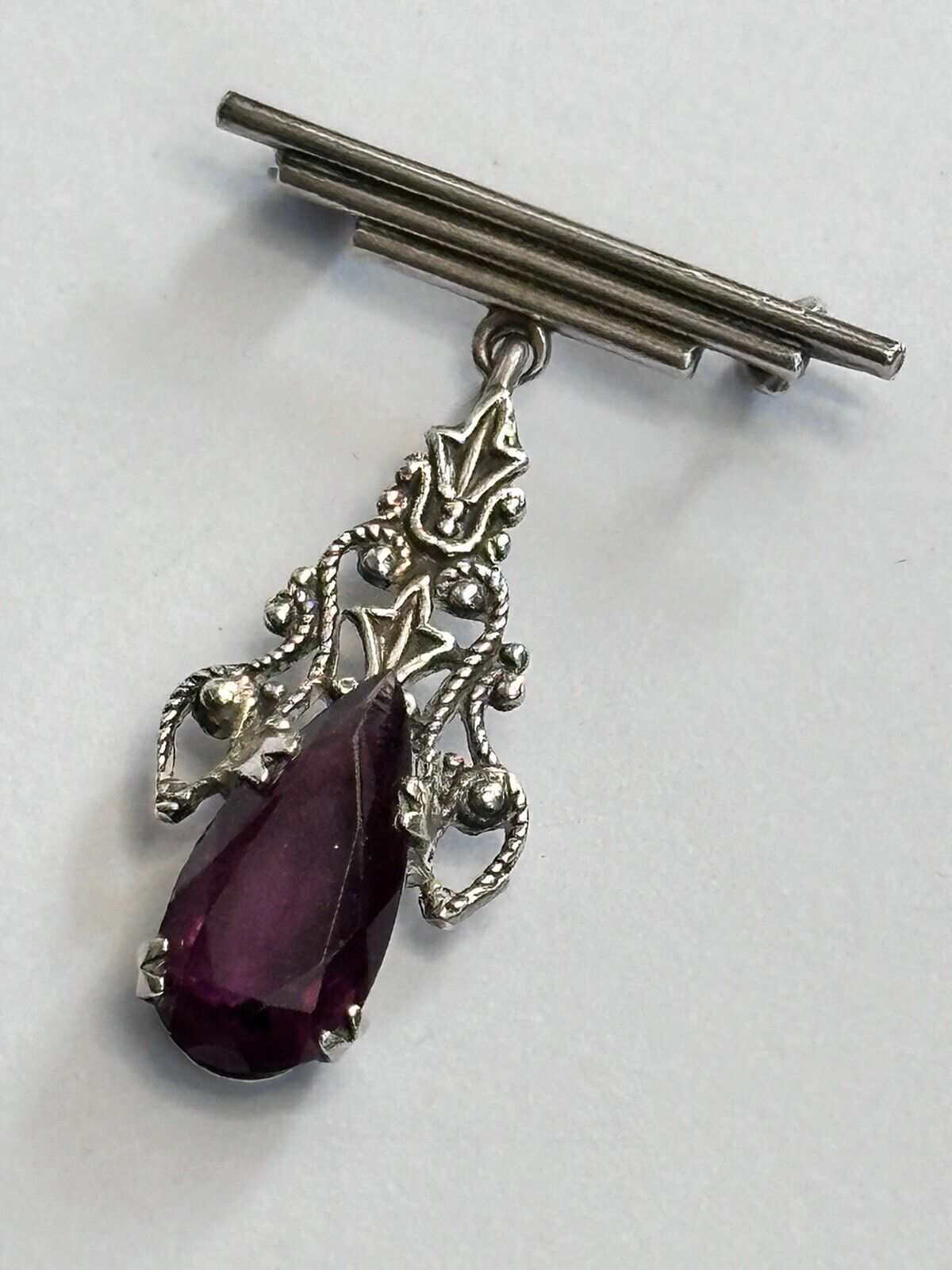 Vintage Silver Purple Teardrop Brooch