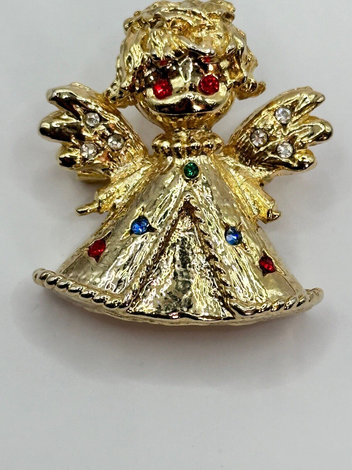 Vintage Gold Tone Multicoloured Diamanté Angel Brooch Christmas