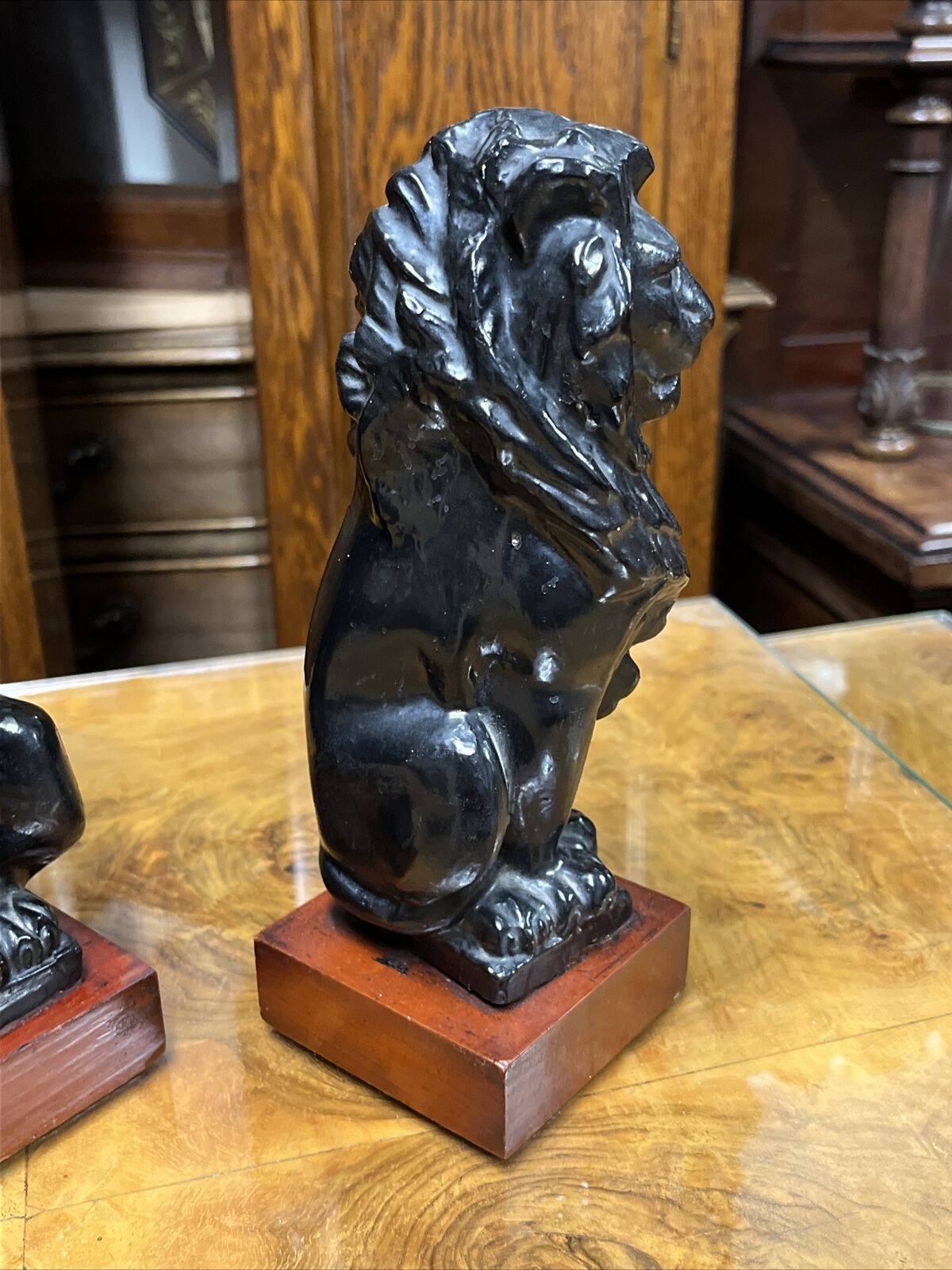 Edwardian Lion Figures On Wooden Bases