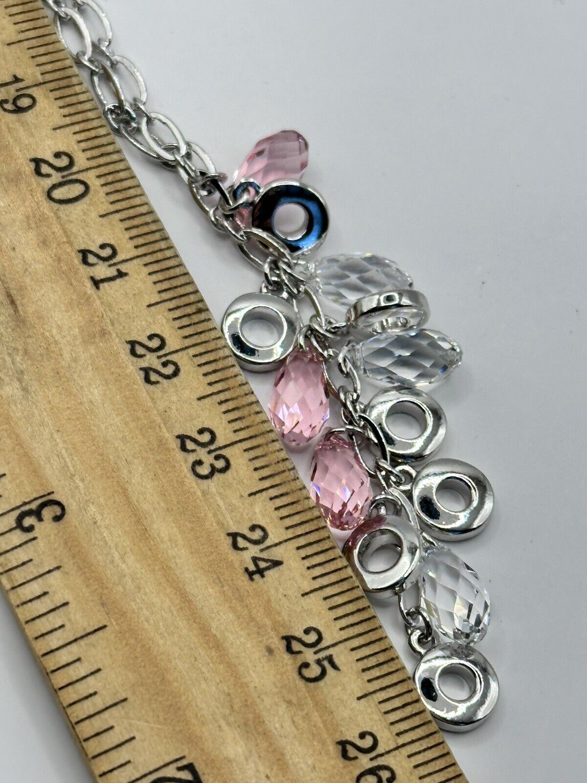 Vintage 1980s Rhodium Plated Pink Clear Droplet Crystal Necklace New Old Stock