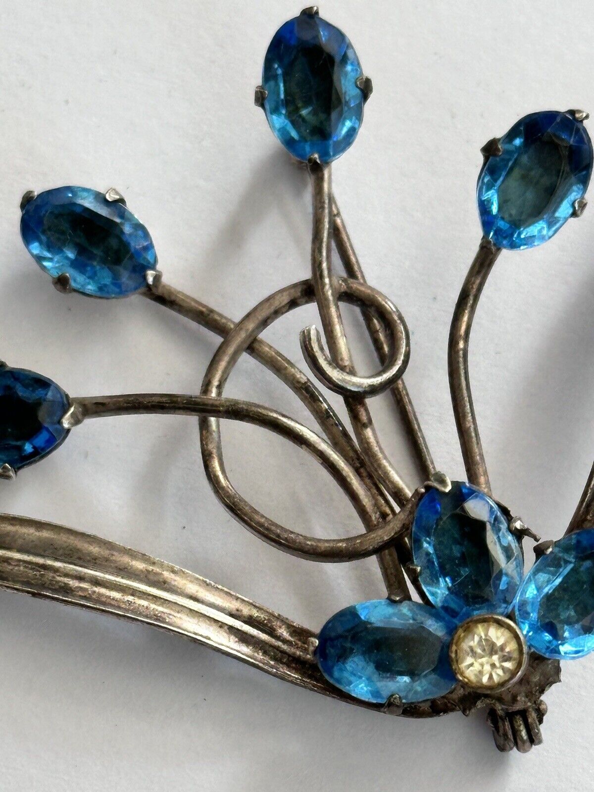 Vintage Silver Tone Blue Stone Flower Spray Brooch