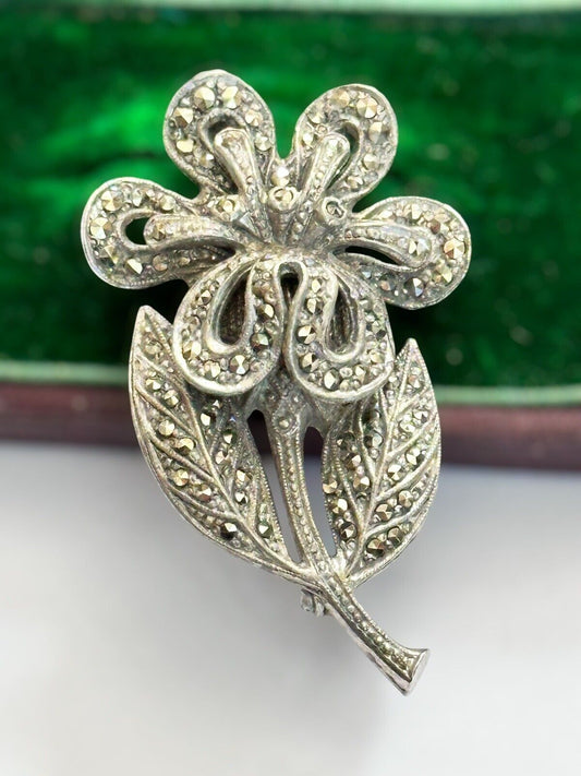 Vintage Silver Tone Marcasite Flower Brooch
