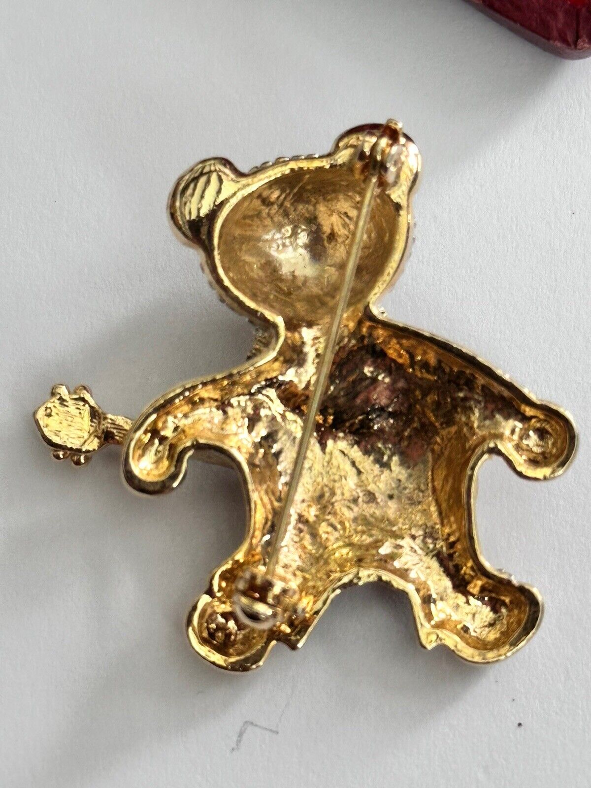Vintage Gold Tone Diamanté Teddy Bear With Guitar  Brooch