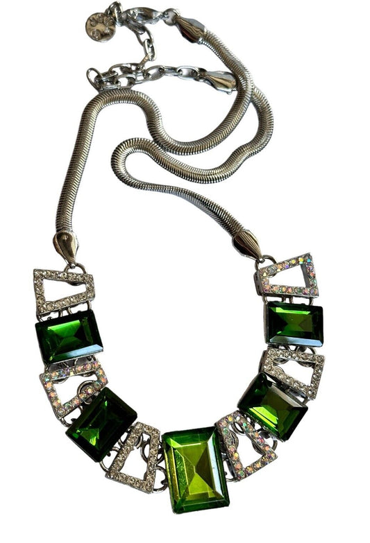 Vintage Silver Tone Green Aurora Borealis Stone Necklace