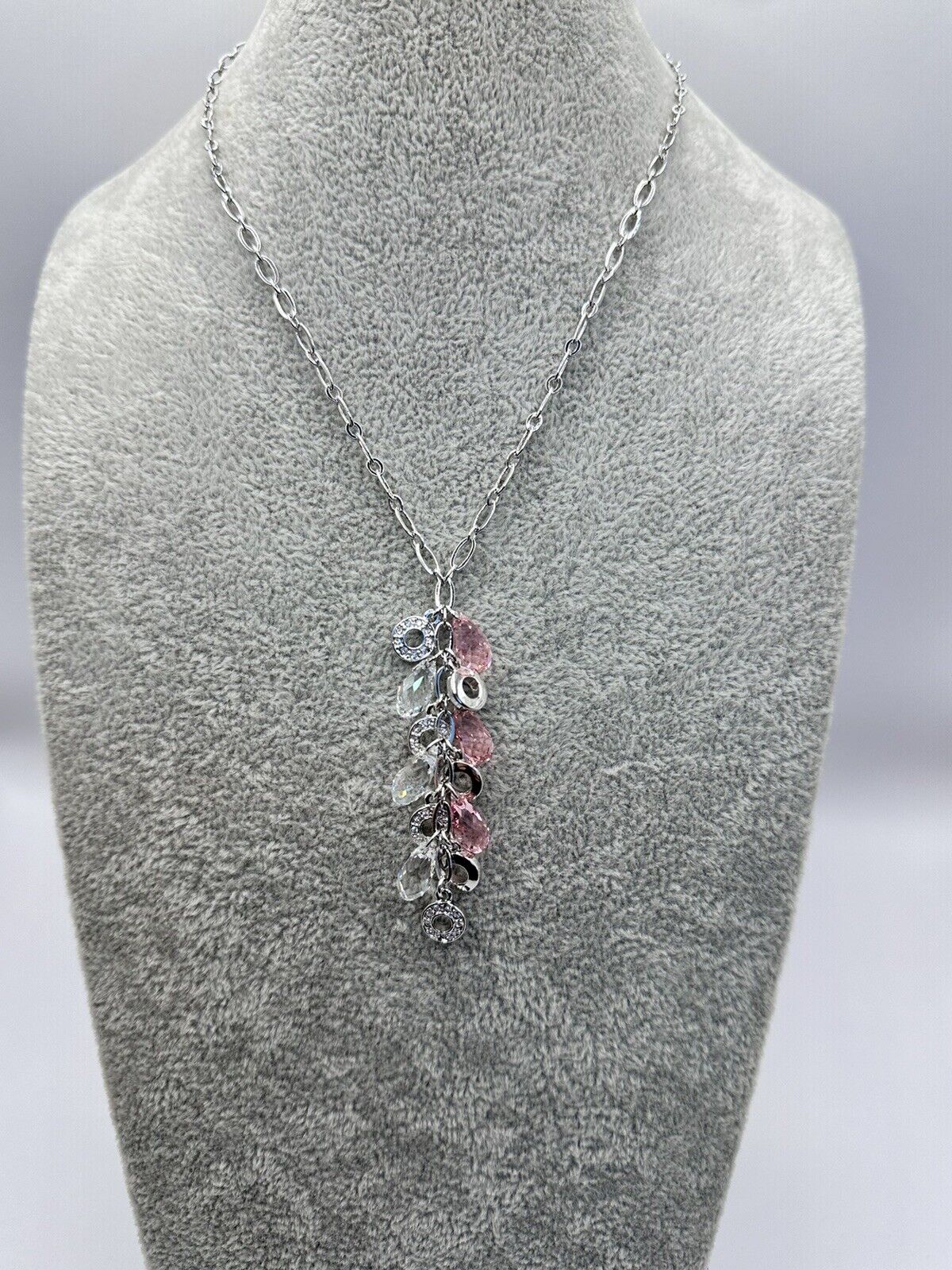 Vintage 1980s Rhodium Plated Pink Clear Droplet Crystal Necklace New Old Stock