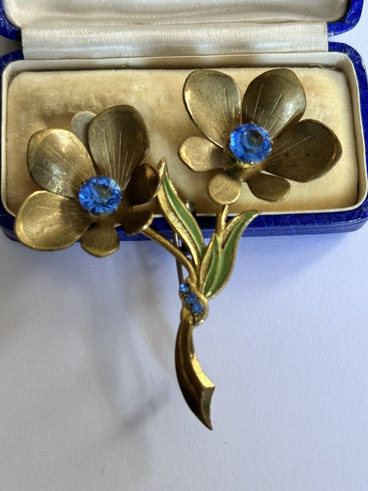 Vintage Old Gold Tone Blue Diamanté Flowers Brooch