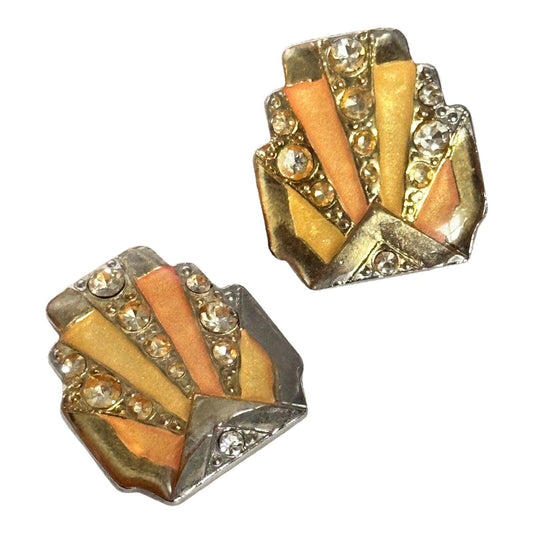 Vintage Silver Tone Yellow Orange Enamel Deco Style Clip On Earrings