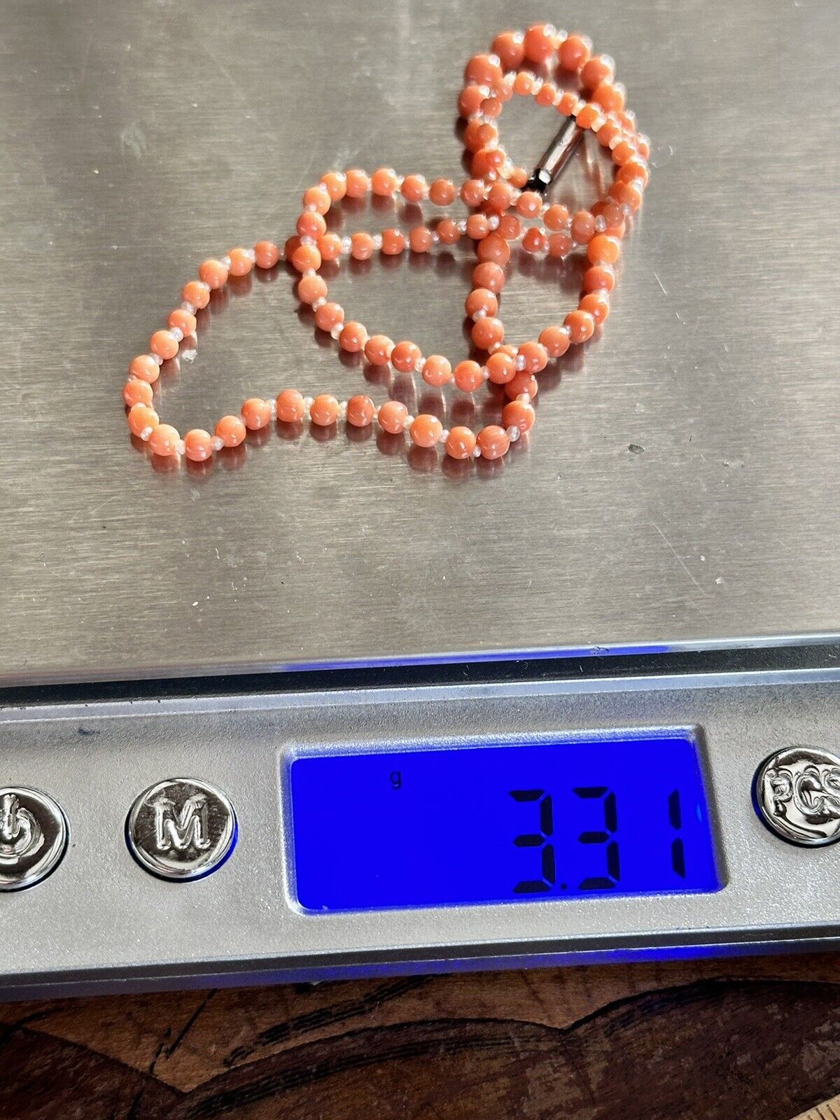 Antique Victorian Pink Salmon Coral And Pearl Beaded Necklace 9ct Gold Clasp