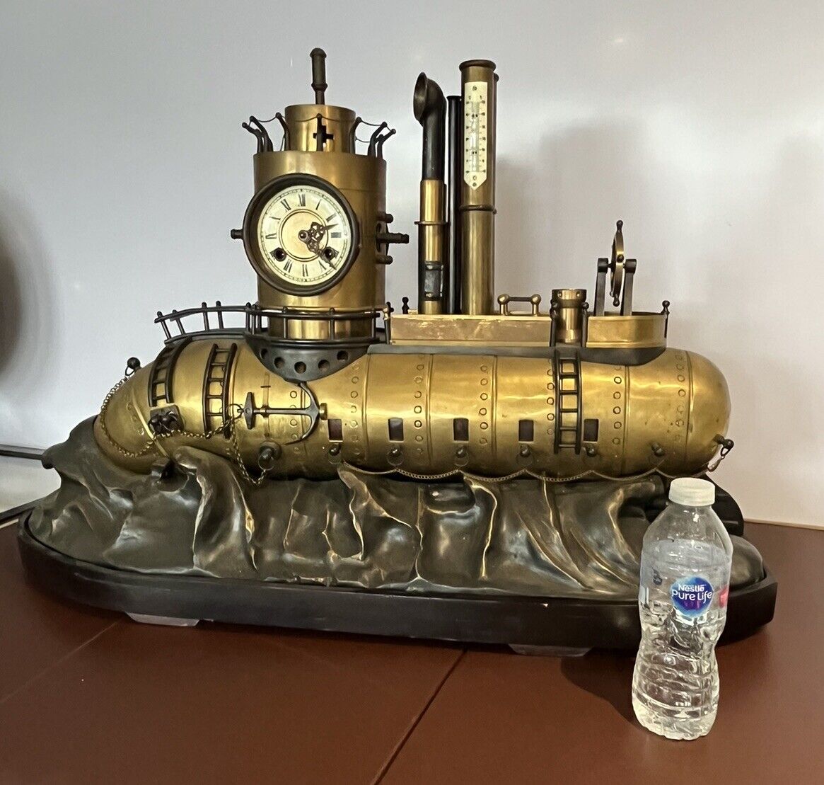 SUBMARINE novelty Brass & Metal Industrial Exhibition Clock. HUGE IN SIZE