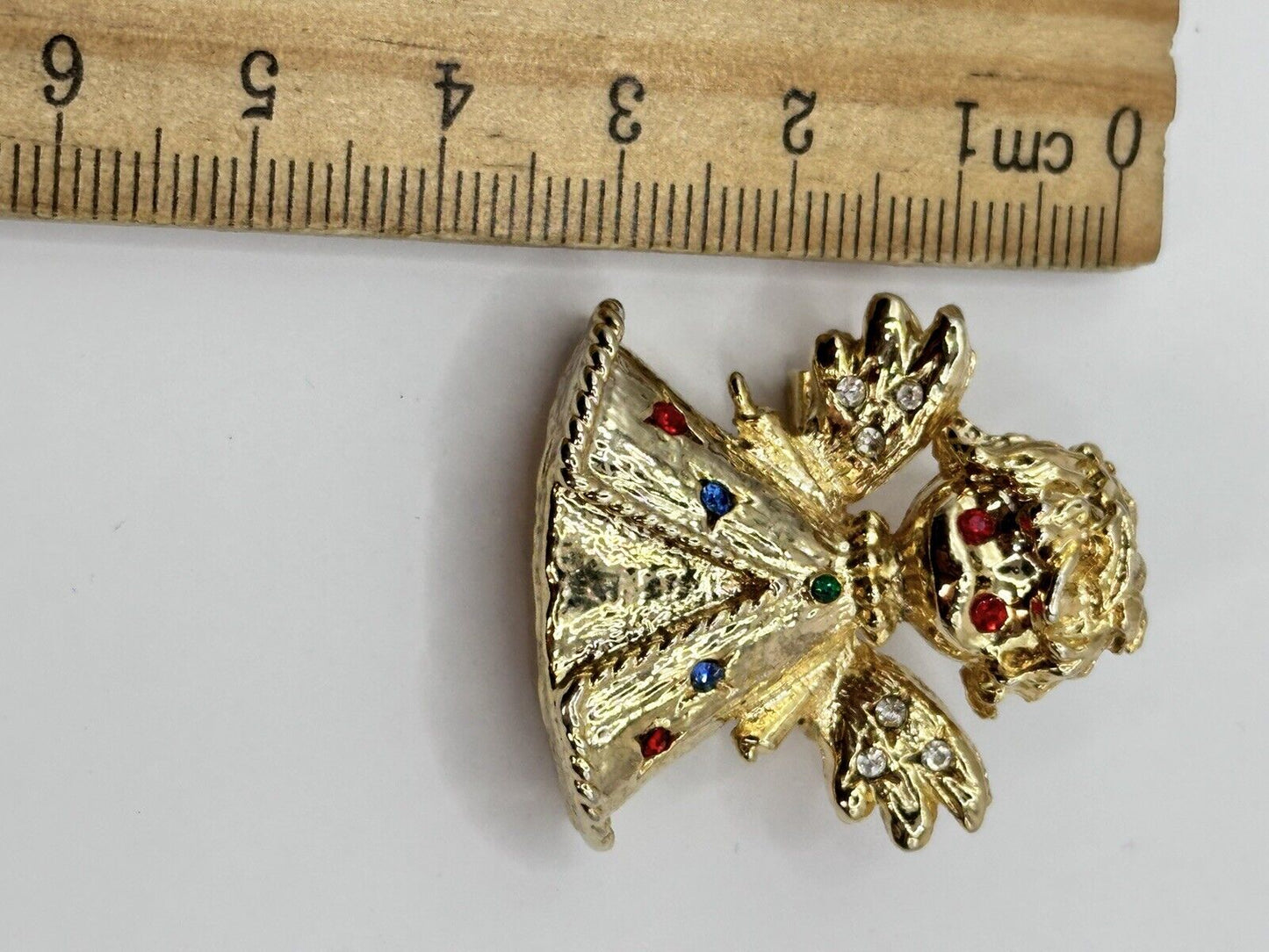 Vintage Gold Tone Multicoloured Diamanté Angel Brooch Christmas