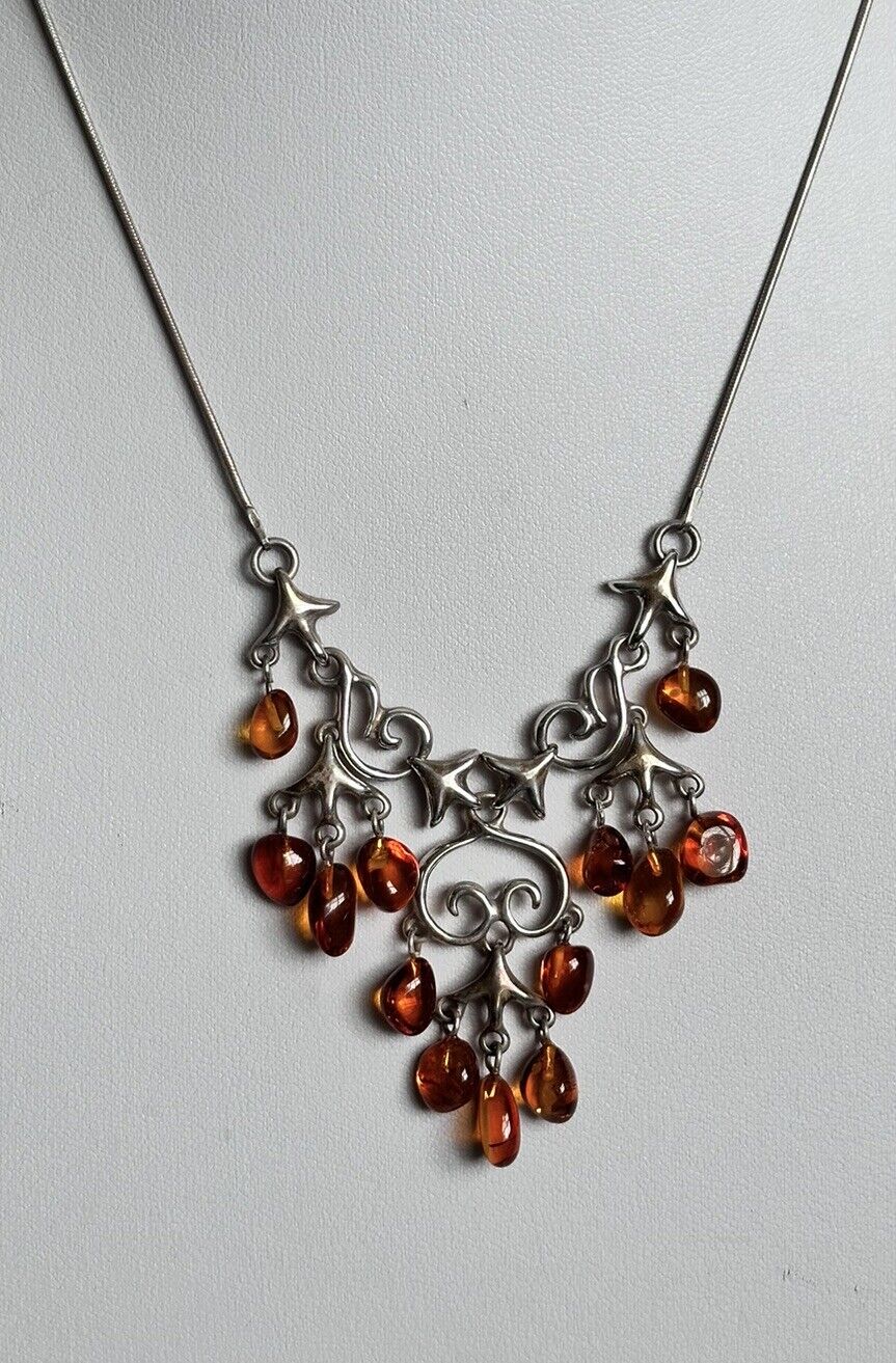 Vintage Silver 925 Baltic Amber Detailed Metalwork Necklace