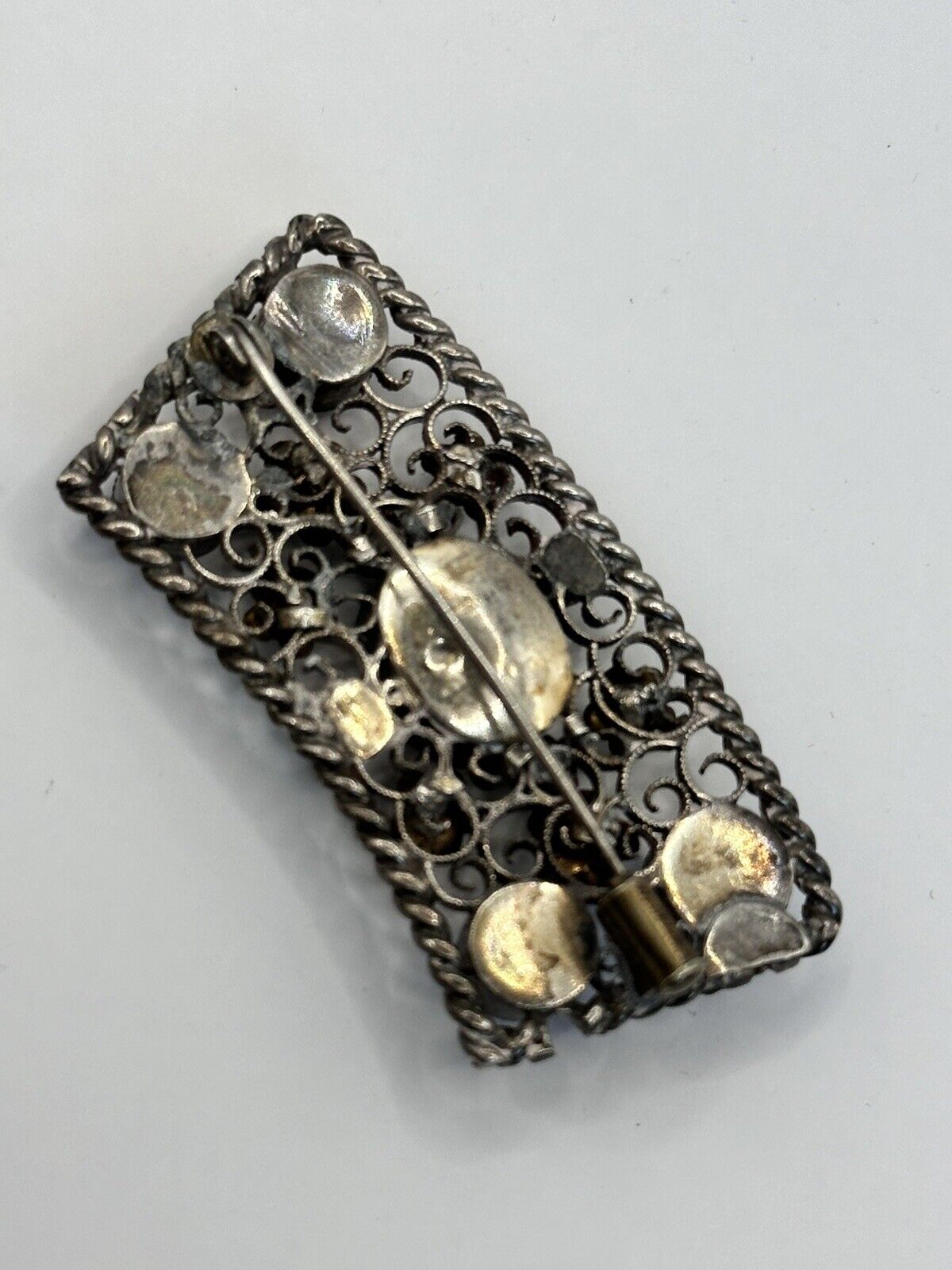 Antique  Edwardian Open Filigree Pink Green Paste Glass Brooch