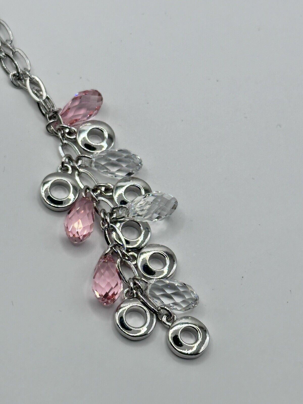 Vintage 1980s Rhodium Plated Pink Clear Droplet Crystal Necklace New Old Stock