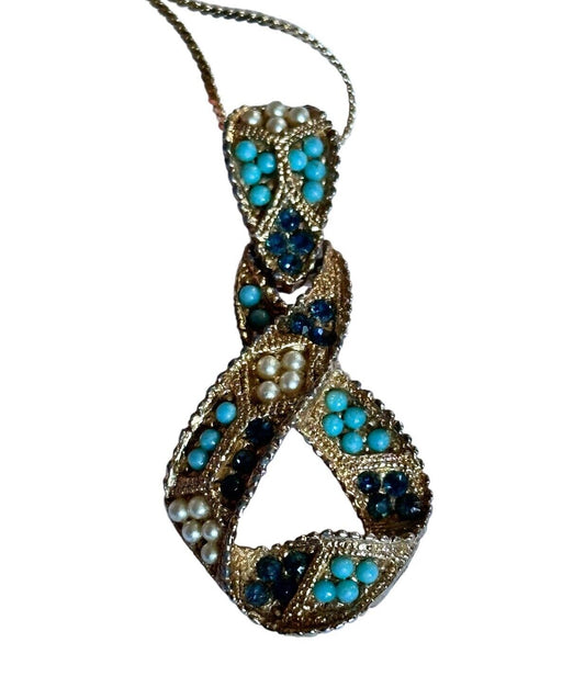 Vintage Gold Tone Faux Turquoise Pearl Blue Diamanté Pendant Necklace