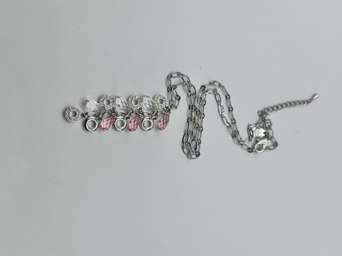 Vintage 1980s Rhodium Plated Pink Clear Droplet Crystal Necklace New Old Stock