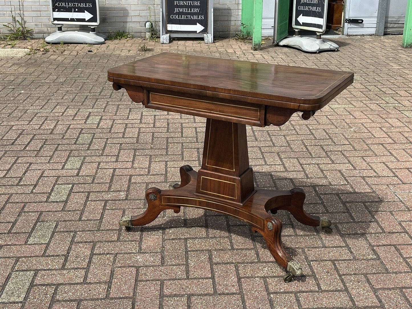 Antique Regency Mahogany & Brass Inlaid Games Table With Fold Over Lid