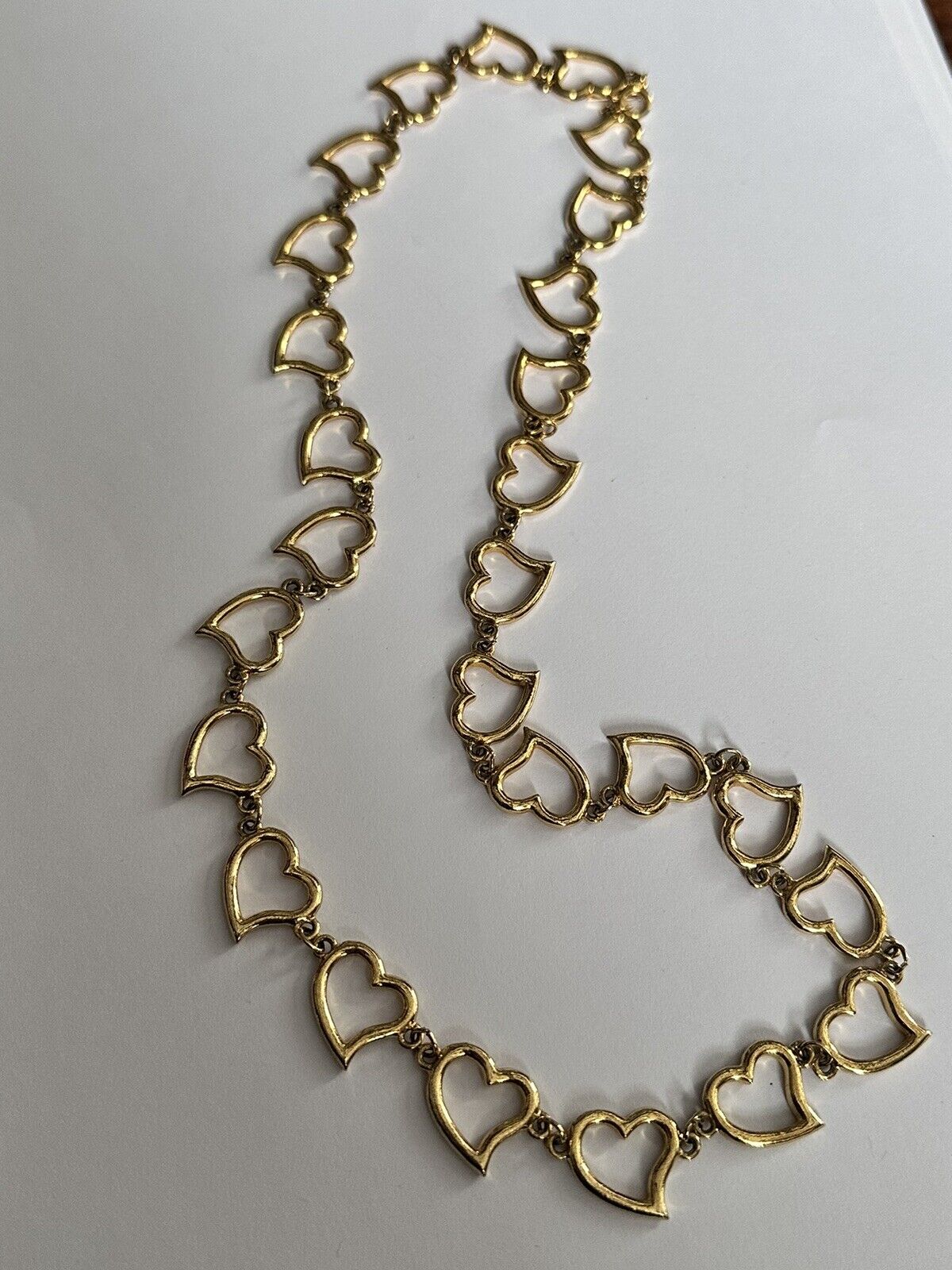 Vintage Signed Corocraft Gold Plated Hearts Long Length Necklace