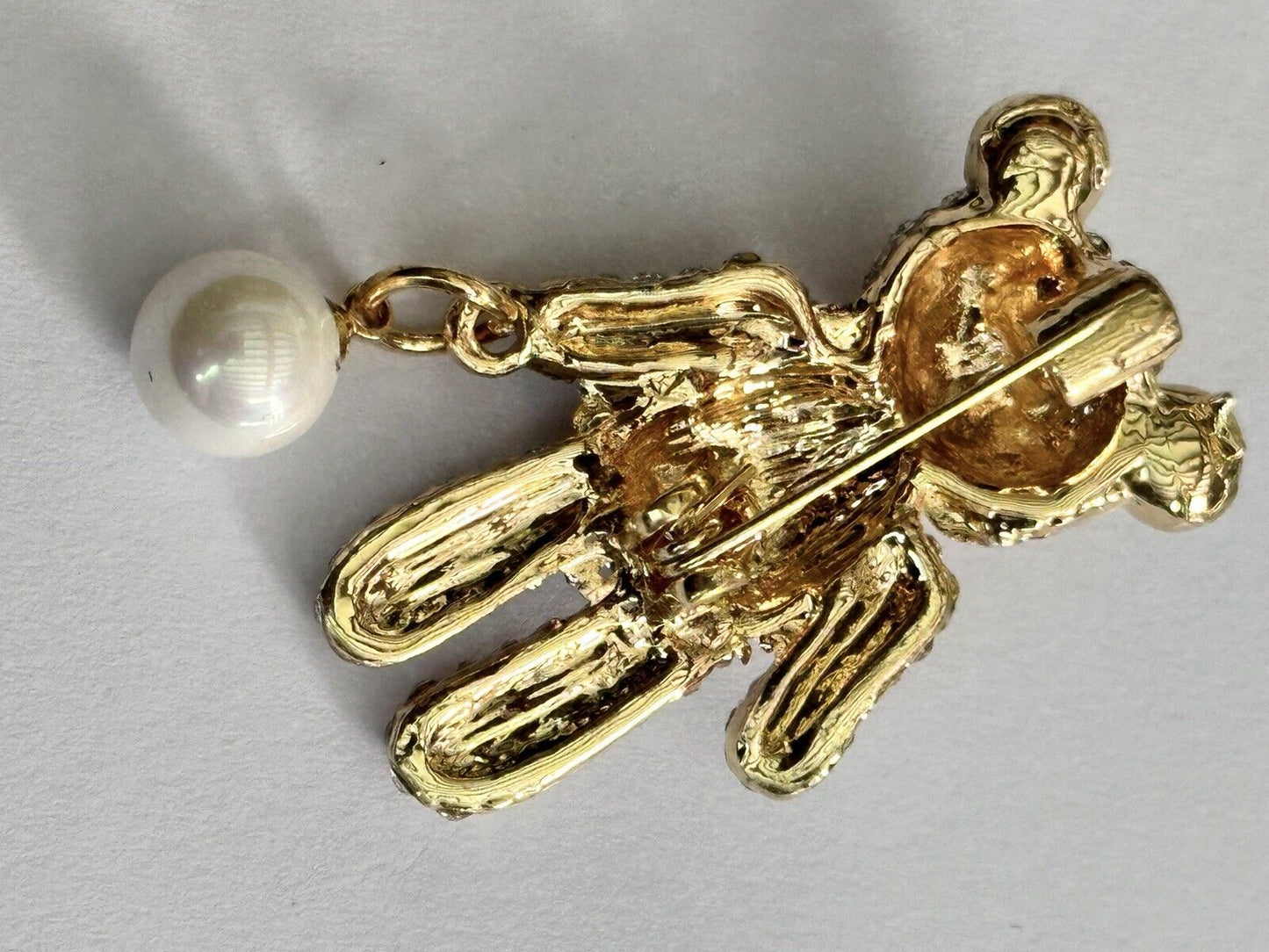 Vintage Gold Tone Diamanté Faux Pearl Teddy Bear  Brooch