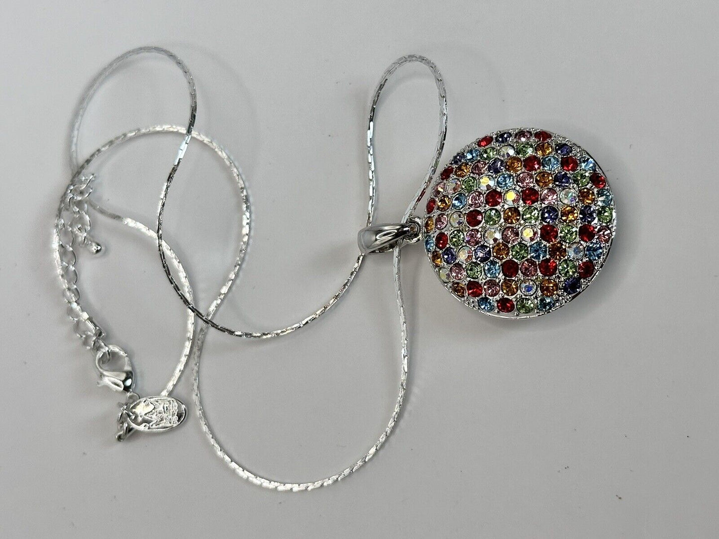 Vintage 1980s Rhodium Plated Multicoloured Diamanté Pendant Necklace