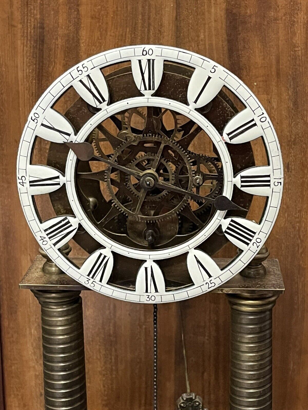 Industrial Chain Driven Skeleton Clock, Glass Done, Weight & Key. Large In Size
