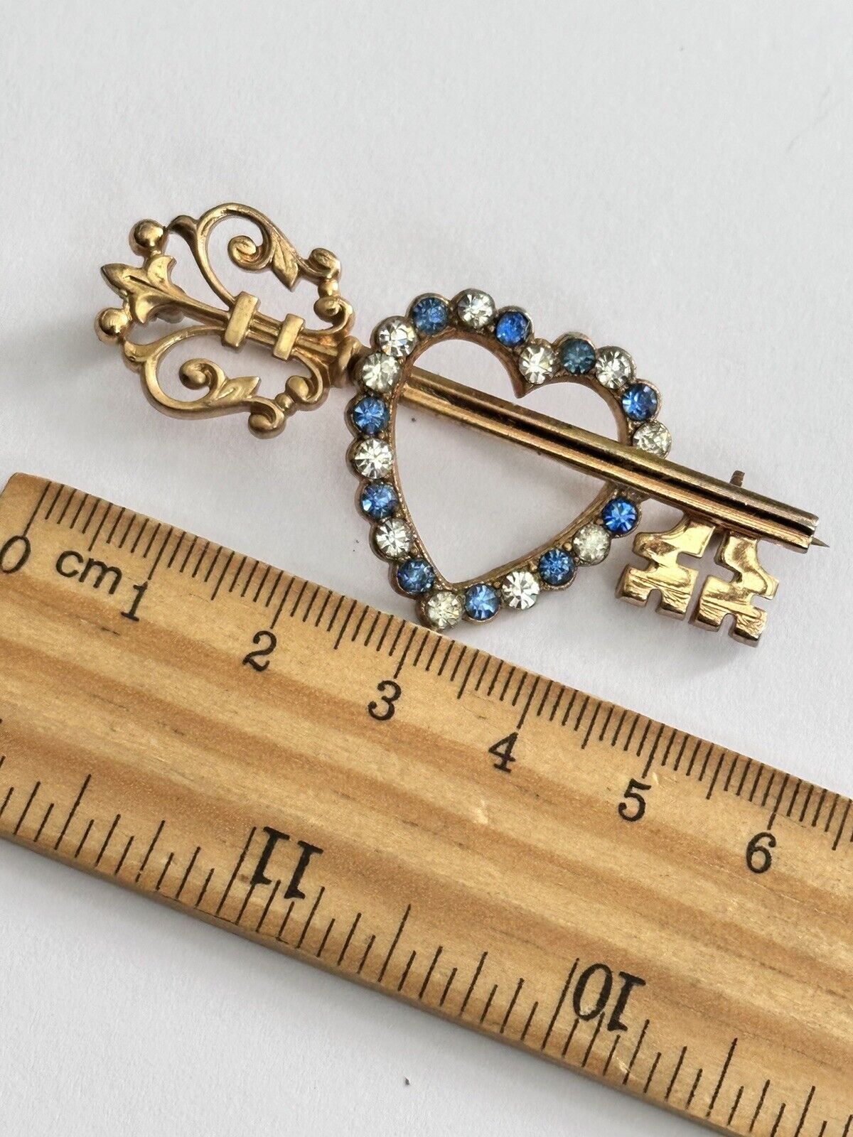 Vintage Gold Tone Blue Clear Diamanté Key Heart  Brooch