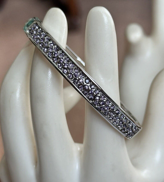 Vintage 1980s Rhodium Plated Purple Diamanté Hinged Cuff Bracelet New Old Stock