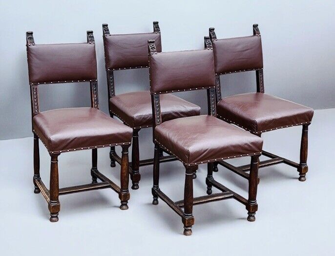 Edwardian Oak Dining Chairs, With Carved Green Man Faces.