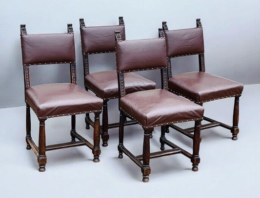 Edwardian Oak Dining Chairs, With Carved Green Man Faces.