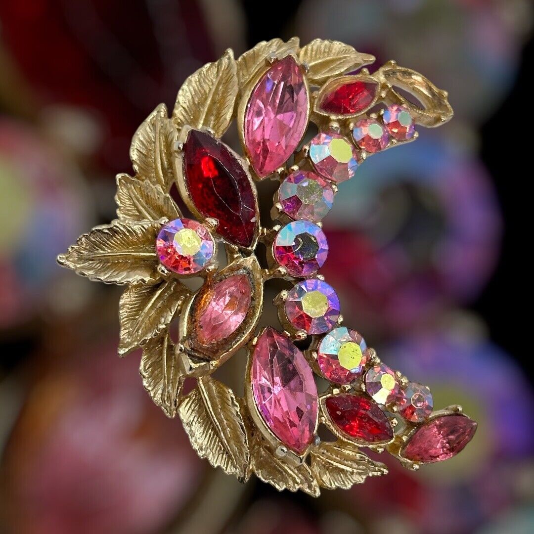 Vintage Sphinx Signed Gold Tone Pink Red Crescent  Statement  Brooch